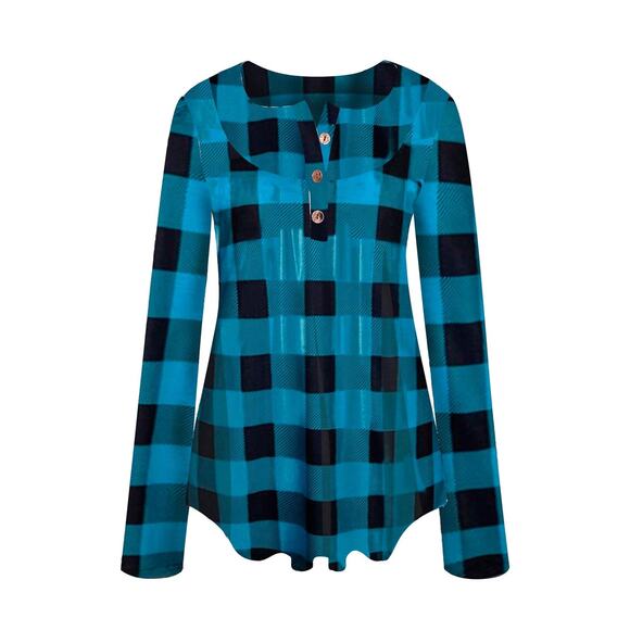 Women's Large Top Blue Black Printed Checkered Casual Tunic Blouse NWOT - Picture 4 of 8